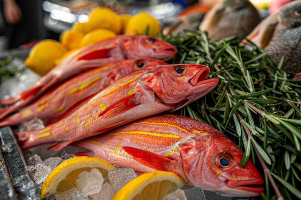 variedad de mariscos frescos en mercado local